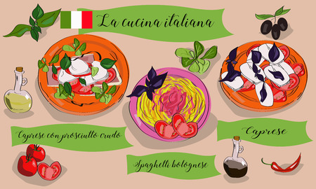 Vetcor menu of Italian dishes. Caprese, caprese con prosciutto crudo, spaghetti bolognese. La cucina italiana.のイラスト素材