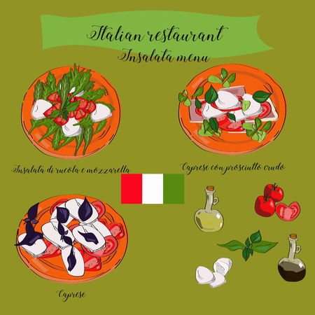 Salads menu for italian restaurant, caprese, insalata di rucola e mozzarella, caprese con prosciutto crudo. Traditional cuisine.のイラスト素材