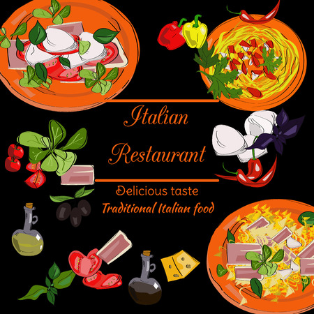 Italian restaurant top view frame. Food menu design. Vector drawn sketch illustration.のイラスト素材