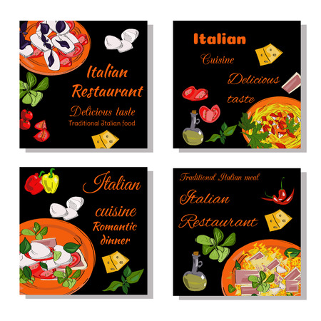 Italian food design template. Square banners set. Italian Cuisine restaurant menu. Vector drawn banners.のイラスト素材