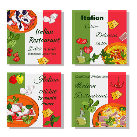 Italian food design template. Square banners set. Italian Cuisine restaurant menu. Vector drawn banners.のイラスト素材