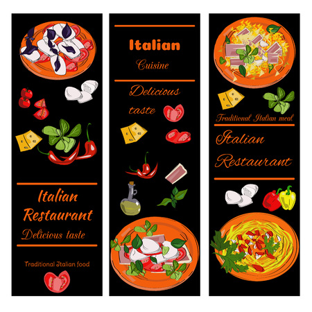 Italian food vintage design template. Vertical vector banners set. Italian Cuisine restaurant menu.のイラスト素材
