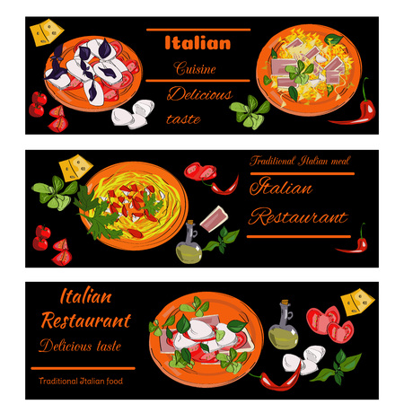Italian food vintage design template. Horizontal vector banners set. Italian Cuisine restaurant menu.のイラスト素材