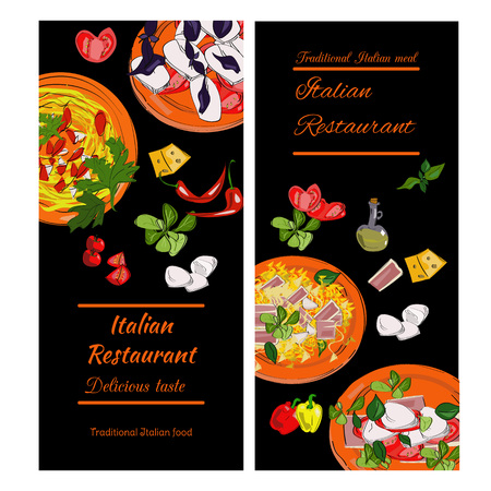Italian food vintage design template. Vertical vector banners set. Italian Cuisine restaurant menu.のイラスト素材