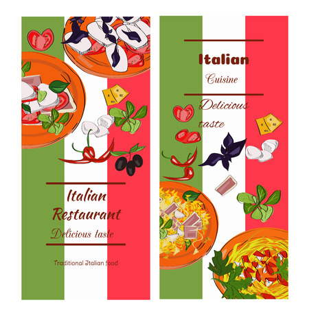 Italian food vintage design template. Vertical vector banners set. Italian Cuisine restaurant menu.のイラスト素材