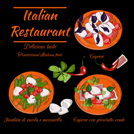 Italian restaurant top view frame. Food menu design. Vector drawn sketch illustration.のイラスト素材