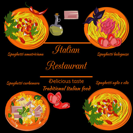 Italian restaurant top view frame. Food menu design. Vector drawn sketch illustration.のイラスト素材