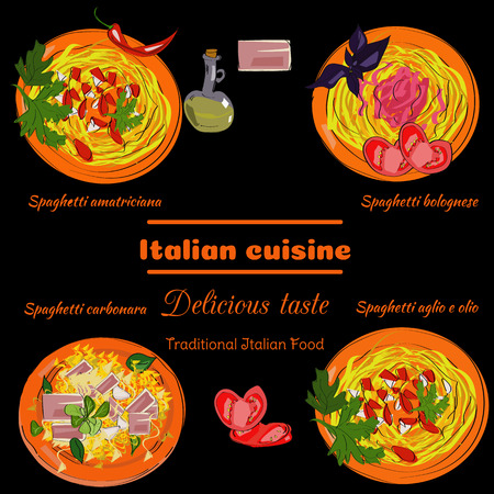 Italian cuisine top view frame. Food menu design. Vector drawn sketch illustration.のイラスト素材