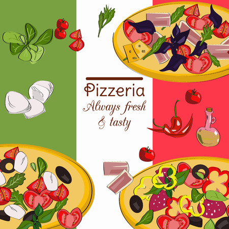 Pizzeria top view frame. Food menu design. Vector drawn sketch illustration.のイラスト素材