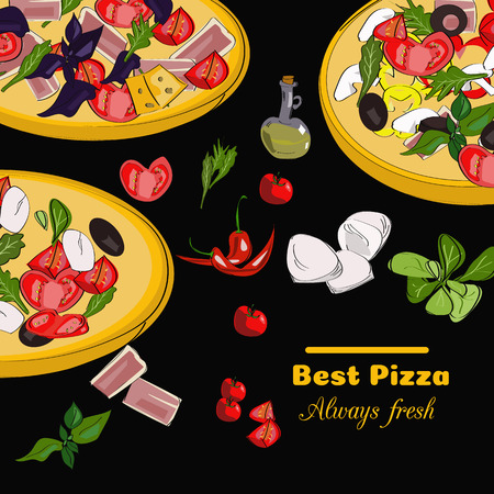 Pizzeria top view frame. Food menu design. Vector drawn sketch illustration.のイラスト素材