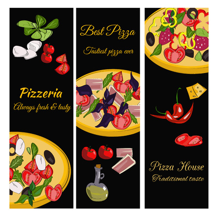 Pizzeria design template. Vertical vector banners set. Pizza restaurant menu.のイラスト素材