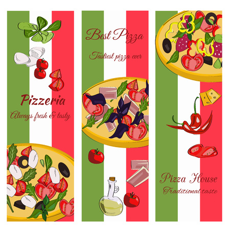 Pizzeria design template. Vertical vector banners set. Pizza restaurant menu.のイラスト素材