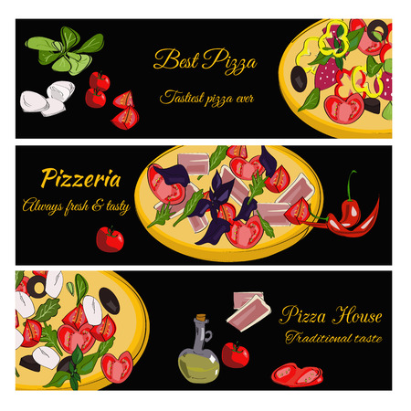 Pizzeria design template. Horizontal vector banners set. Pizza restaurant menu.のイラスト素材