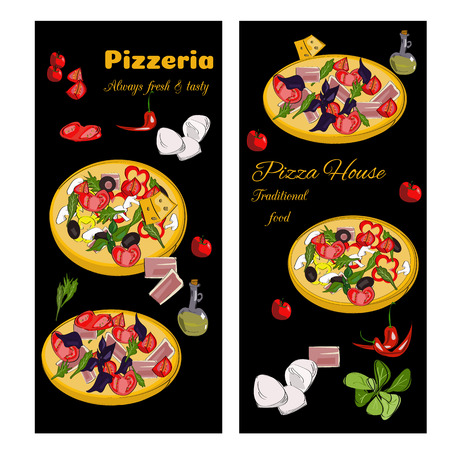 Pizzeria design template. Vertical vector banners set. Pizza restaurant menu.のイラスト素材