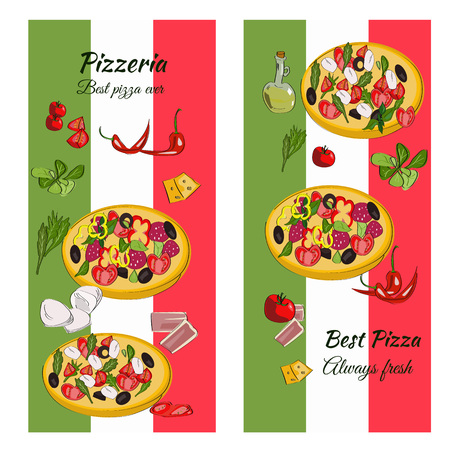 Pizzeria design template. Vertical vector banners set. Pizza restaurant menu.のイラスト素材