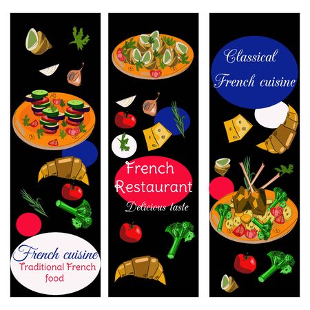 French cuisine vertical banners. Food menu design. Vector drawn sketch illustration.のイラスト素材