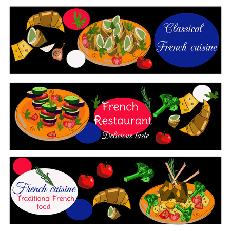 French cuisine horizontal banners. Food menu design. Vector drawn sketch illustration.のイラスト素材