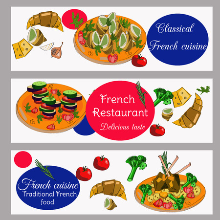 French cuisine horizontal banners. Food menu design. Vector drawn sketch illustration.のイラスト素材