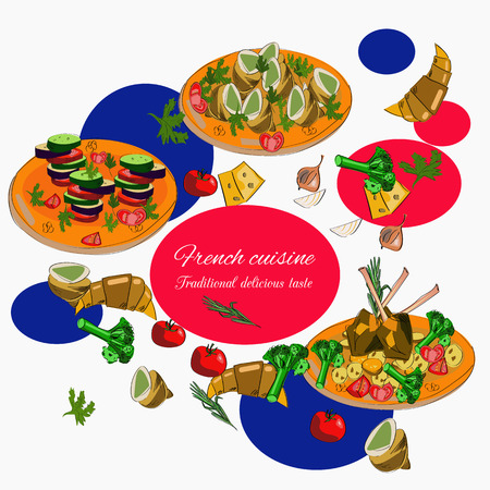 French cuisine top view frame. Food menu design. Vector drawn sketch illustration.のイラスト素材