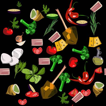 Seamless background with food logo. Menu pattern. Vector Illustration with funny symbols on black background. Decorative elements for your packing design.のイラスト素材