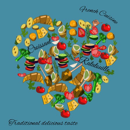 French cuisine top view frame. Food menu design. Vector drawn sketch illustration.のイラスト素材