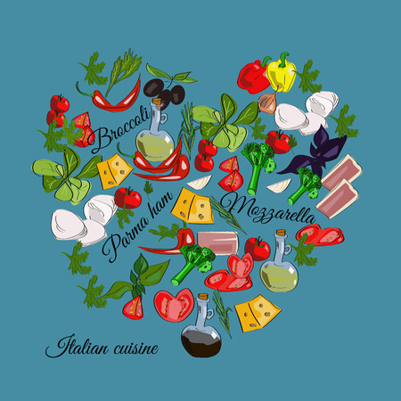 Italian cuisine top view frame. Food menu design. Vector drawn sketch illustration.のイラスト素材