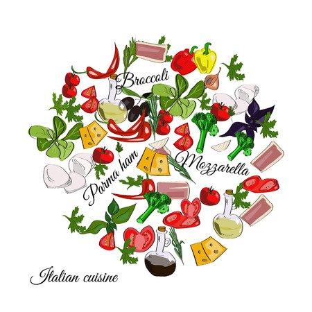 Italian cuisine top view frame. Food menu design. Vector drawn sketch illustration.のイラスト素材