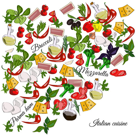 Italian cuisine top view frame. Food menu design. Vector drawn sketch illustration.のイラスト素材