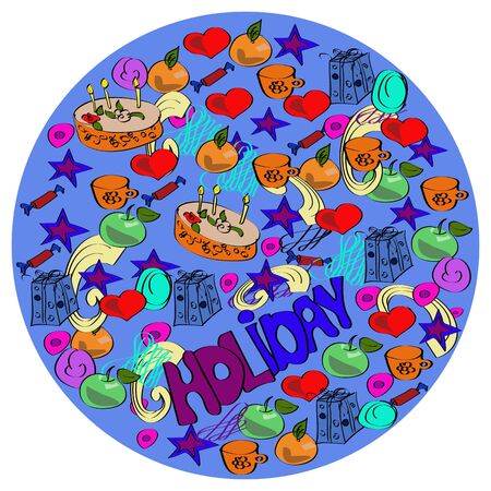 Colorful vector hand drawn set of holiday cartoon doodle objects, symbols and items. Circle form compositionのイラスト素材