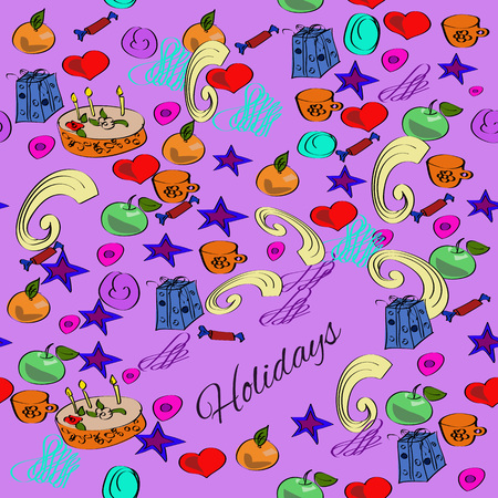 Colorful seamless vector hand drawn set of holiday cartoon doodle objects, symbols and items.のイラスト素材