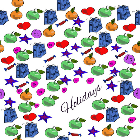 Colorful seamless vector hand drawn set of holiday cartoon doodle objects, symbols and items.のイラスト素材
