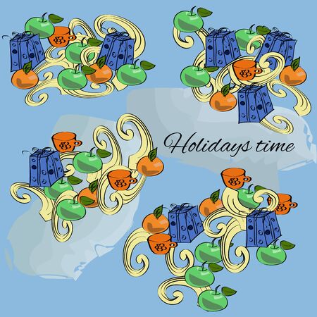 Colorful vector hand drawn set of holiday cartoon doodle objects, symbols and items.のイラスト素材