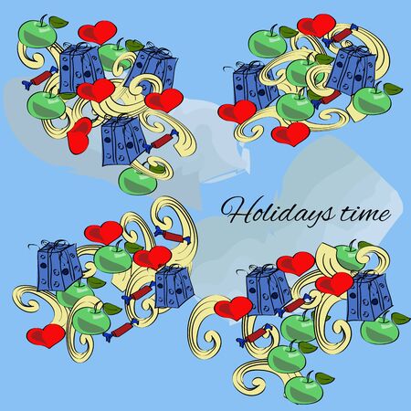 Colorful vector hand drawn set of holiday cartoon doodle objects, symbols and items.のイラスト素材