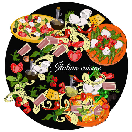 Italian cuisine top view frame. Food menu design. Vector drawn sketch illustration.のイラスト素材