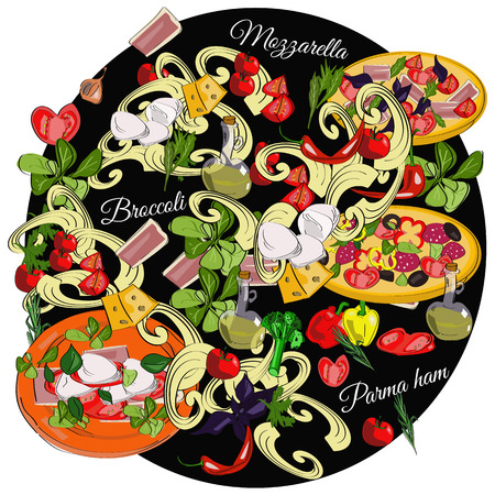 Italian cuisine top view frame. Food menu design. Vector drawn sketch illustration.のイラスト素材