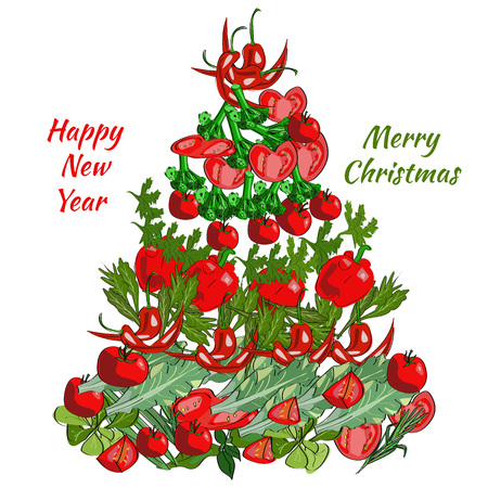 Christmas tree from the vector drawn food ingredients.のイラスト素材