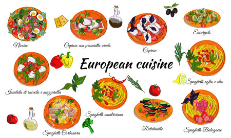 European cuisine menu of main dishes. French and Italian food.のイラスト素材