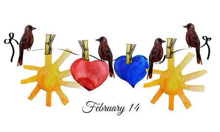 Watercolor drawn card for February 14. Hearts, birds and sun.の写真素材