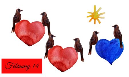 Watercolor drawn card for February 14. Hearts, birds and sun.の写真素材