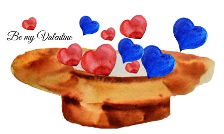 Watercolor drawn card for February 14. Hearts and hat.の写真素材