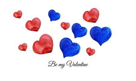 Watercolor drawn card for February 14. Red and blue hearts.の写真素材