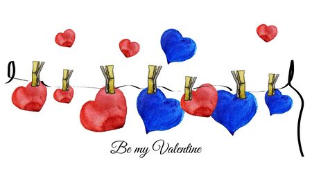 Watercolor drawn card for February 14. Red and blue hearts.の写真素材
