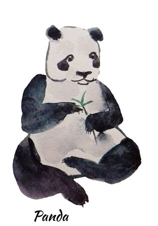 Watercolor hand drawn panda with a bamboo stick on white background.の写真素材