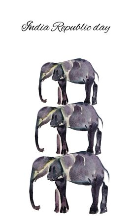 Watercolor hand drawn three elephants. India Republic day.の写真素材