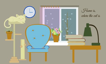 Home is, where the cat is vector drawn card. Funny illustration.のイラスト素材