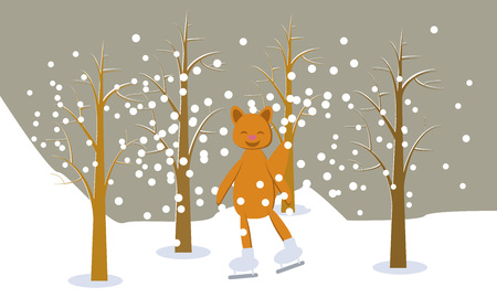Winter ladscape with a skating fox, vector drawn card. Funny illustration.のイラスト素材