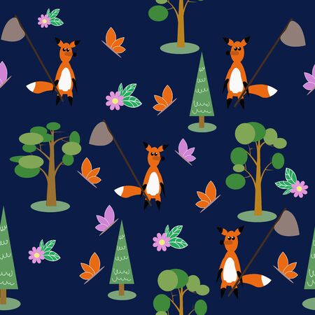 Seamless pattern of vector drawn trees, fox, butterflies and flowers.のイラスト素材