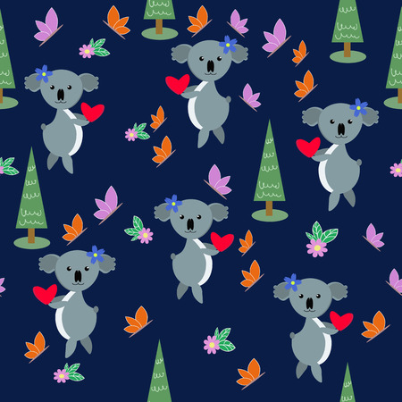 Seamless pattern of vector drawn trees, koala, butterflies and flowers.のイラスト素材