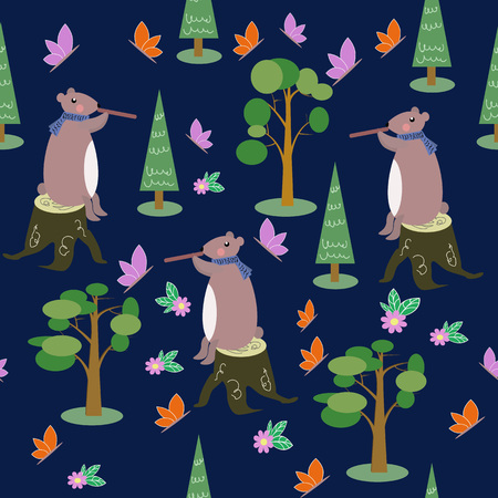 Seamless pattern of vector drawn trees, bear, butterflies and flowers.のイラスト素材