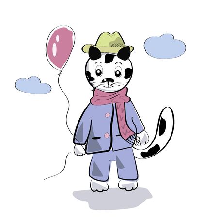 Cute little cat with balloon cartoon hand drawn vector illustration. Can be used for baby t-shirt print, fashion print design, kids wear, baby shower celebration greeting and invitation card.のイラスト素材